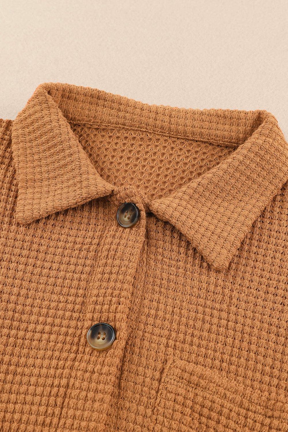 Khaki Waffle Knit Pocket Button Front Shacket - The Fair Lady Shop