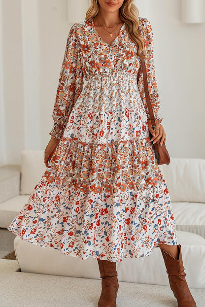 Khaki Floral Print Ruffled Tiered Long Sleeve V Neck Midi Dress - The Fair Lady Shop