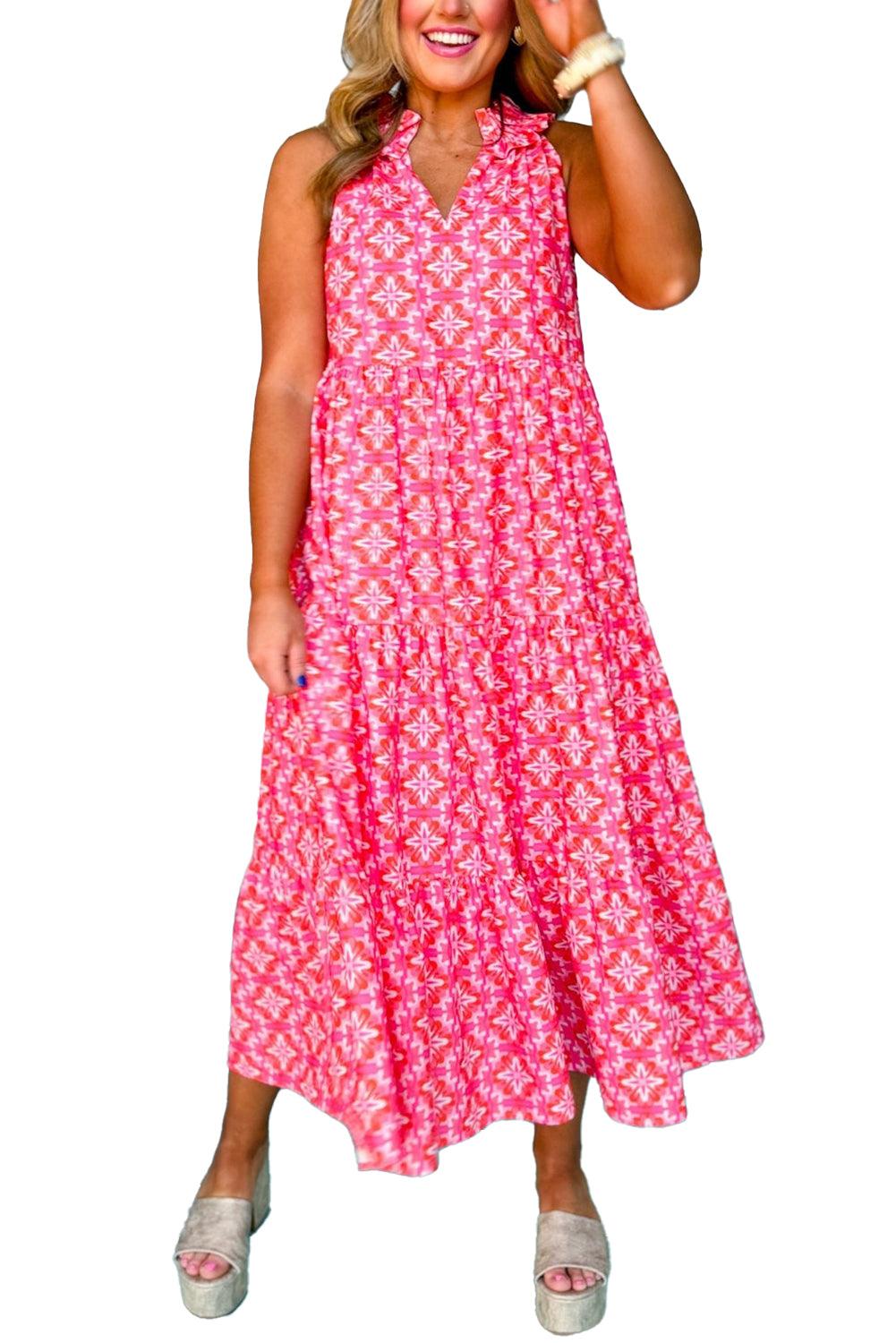 Sky Blue 60s Flower Split Neck Sleeveless Tiered Maxi Dress - The Fair Lady Shop