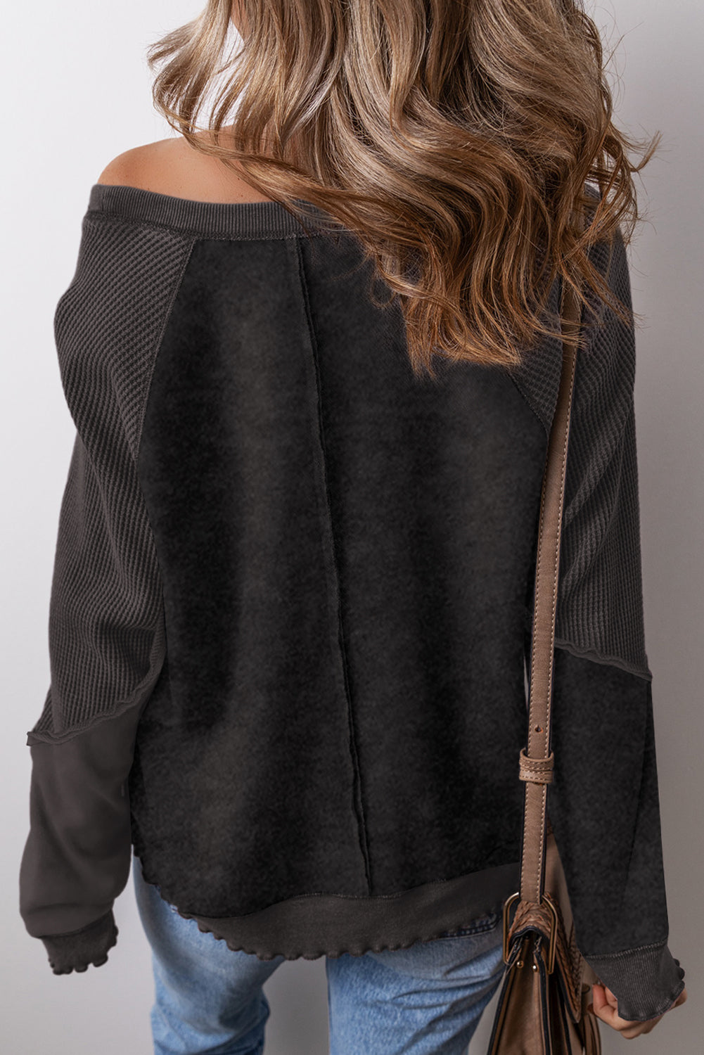 Black Solid Waffle Knit Patchwork Raglan Sleeve Sweatshirt - The Fair Lady Shop