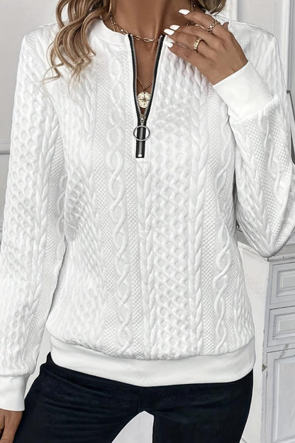 White Casual Zipper Pullover Sweater - The Fair Lady Shop