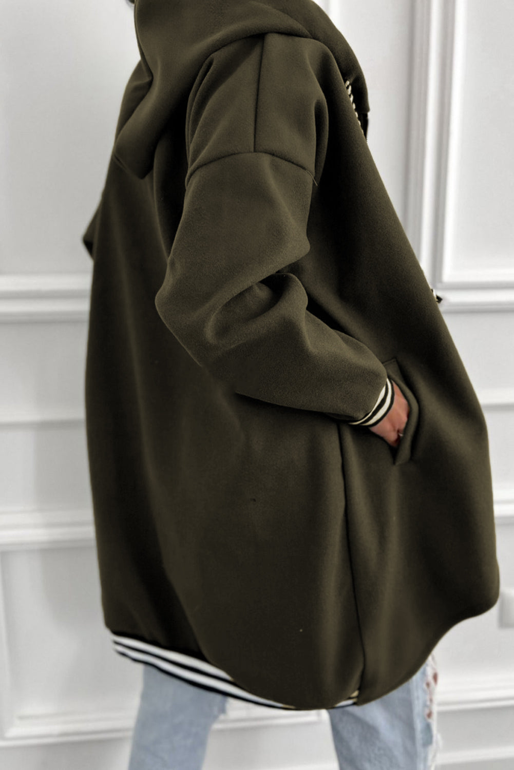 Four Leaf Clover Contrast Cuffed Drop Shoulder Zip up Tunic Hoodie