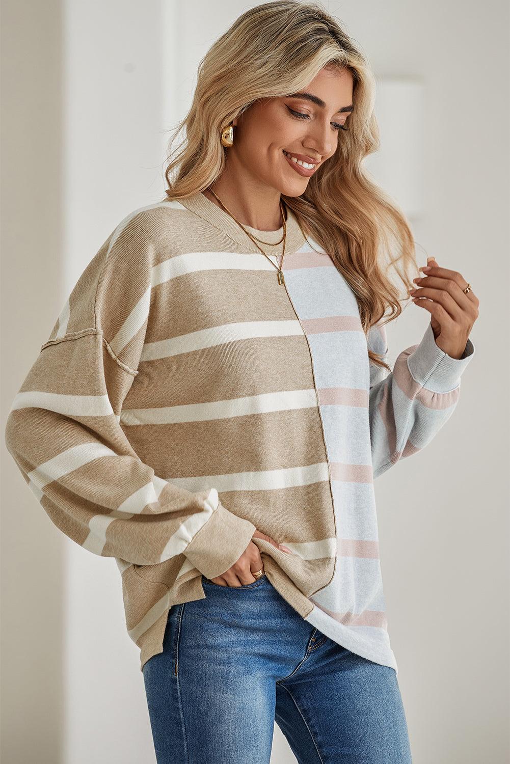 Khaki Stripe Exposed Seam Patchwork Loose Sweatshirts - The Fair Lady Shop