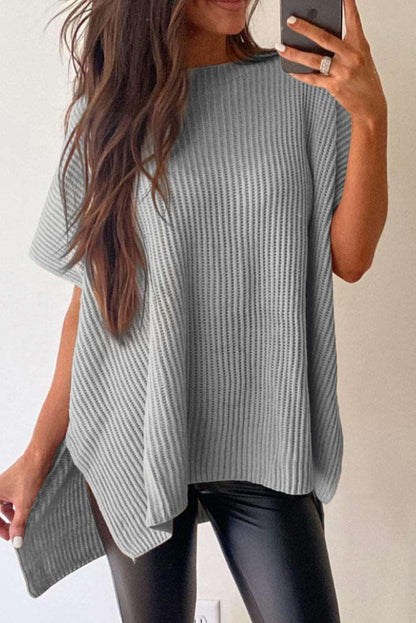 Apricot Side Slit Short Sleeve Oversized Sweater - The Fair Lady Shop