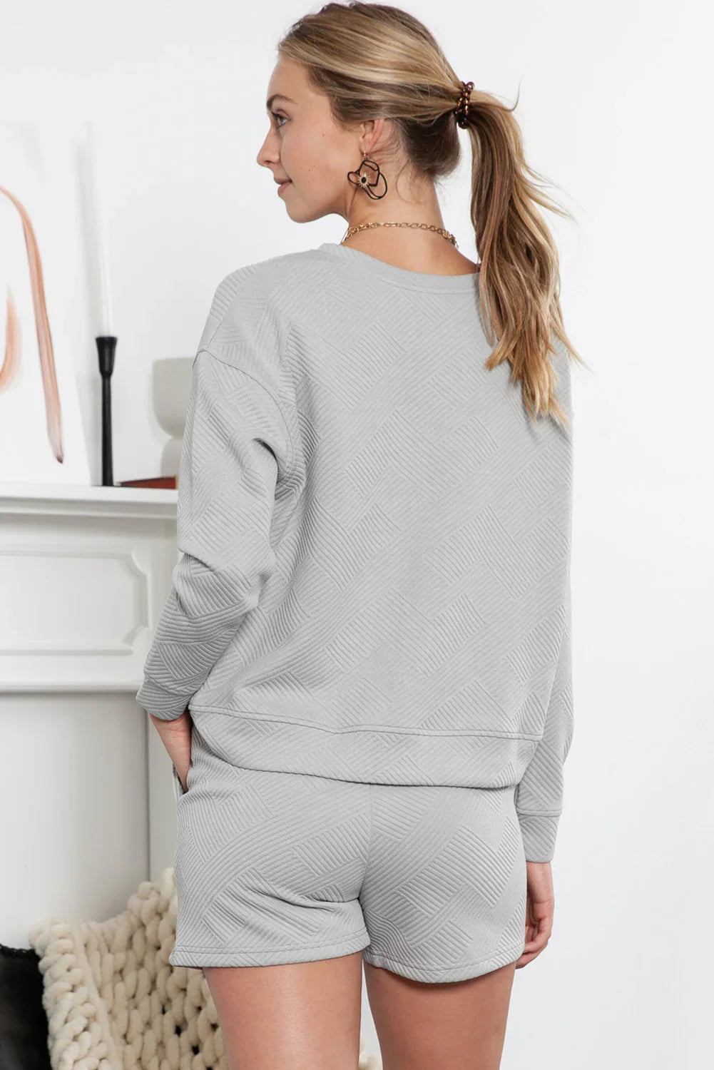 Gray Textured Long Sleeve Top & Drawstring Shorts Set - The Fair Lady Shop