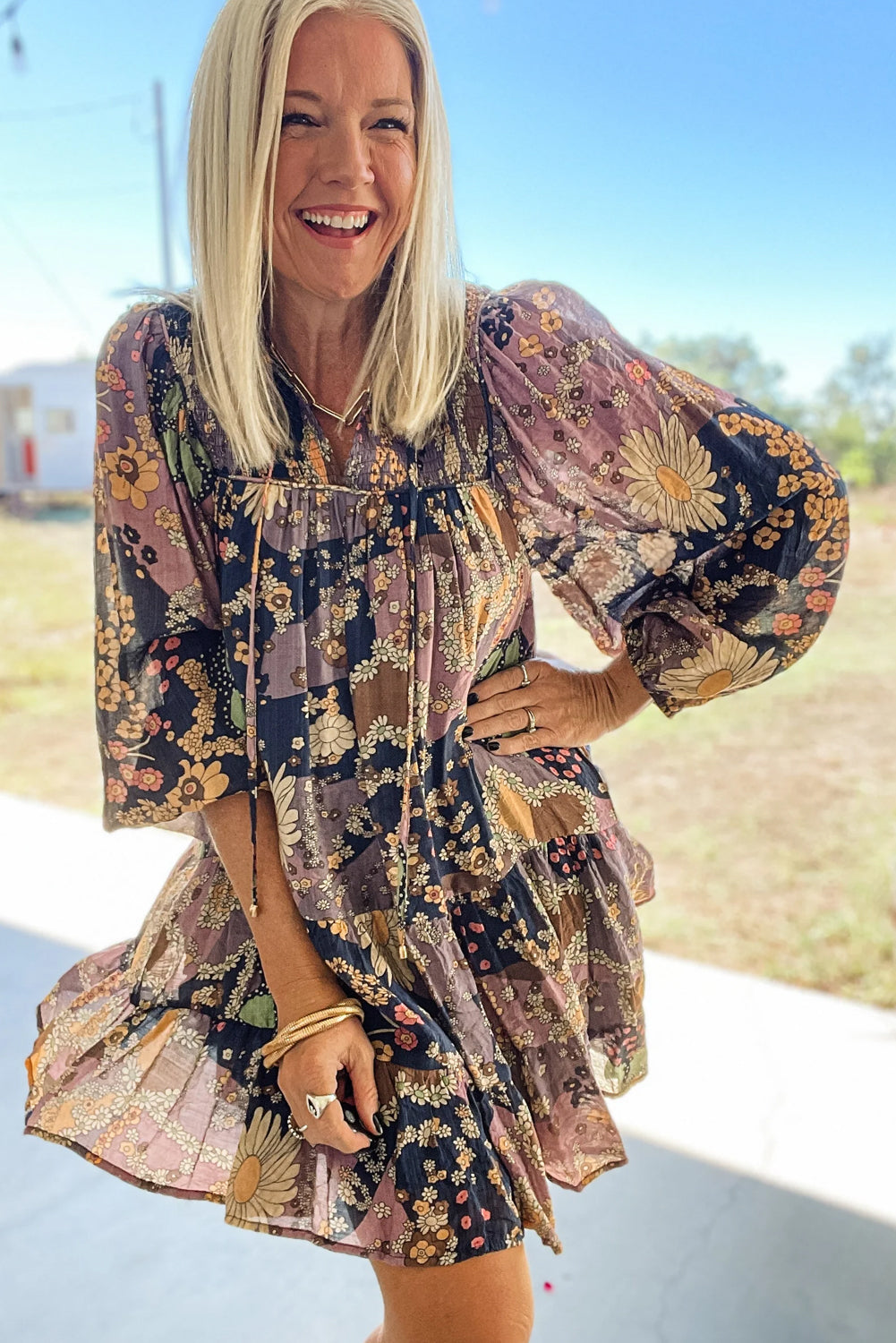 Purple Boho Floral Print Puff Sleeve Flowy Mini Dress - The Fair Lady Shop