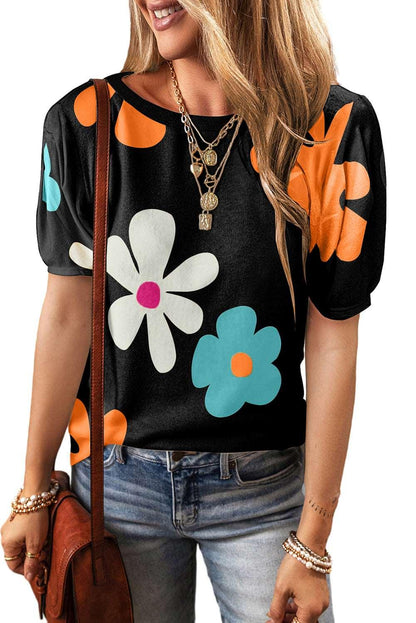 Apricot Colorful Flower Print Bubble Sleeve Tee - The Fair Lady Shop