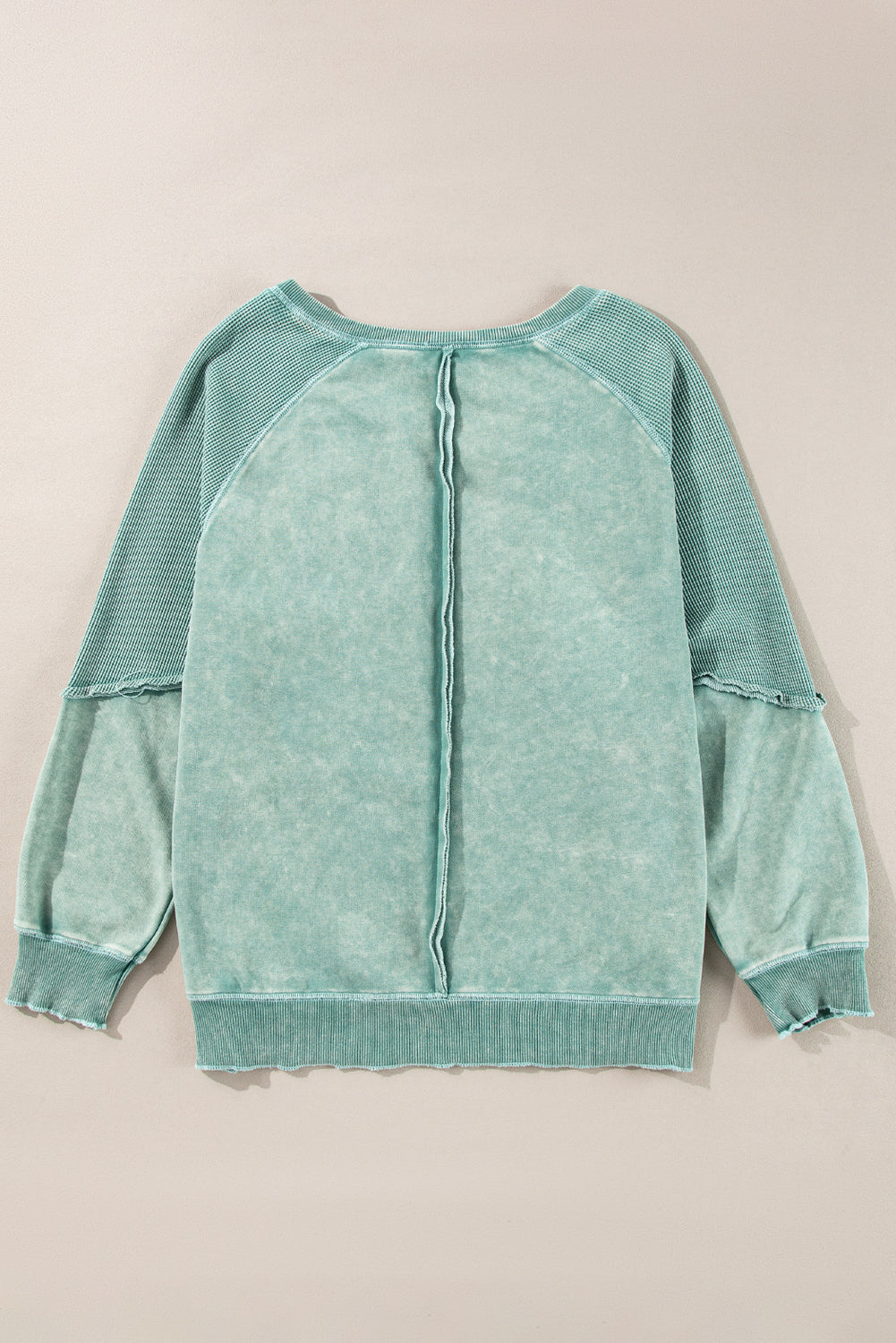 Mineral Blue Waffle Patchwork Raglan Sleeve Exposed Seam Sweatshirt - The Fair Lady Shop