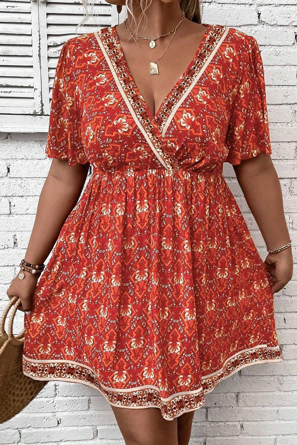 Orange Plus Size Boho Print Surplice Neck Empire Waist Flowy Mini Dress - The Fair Lady Shop