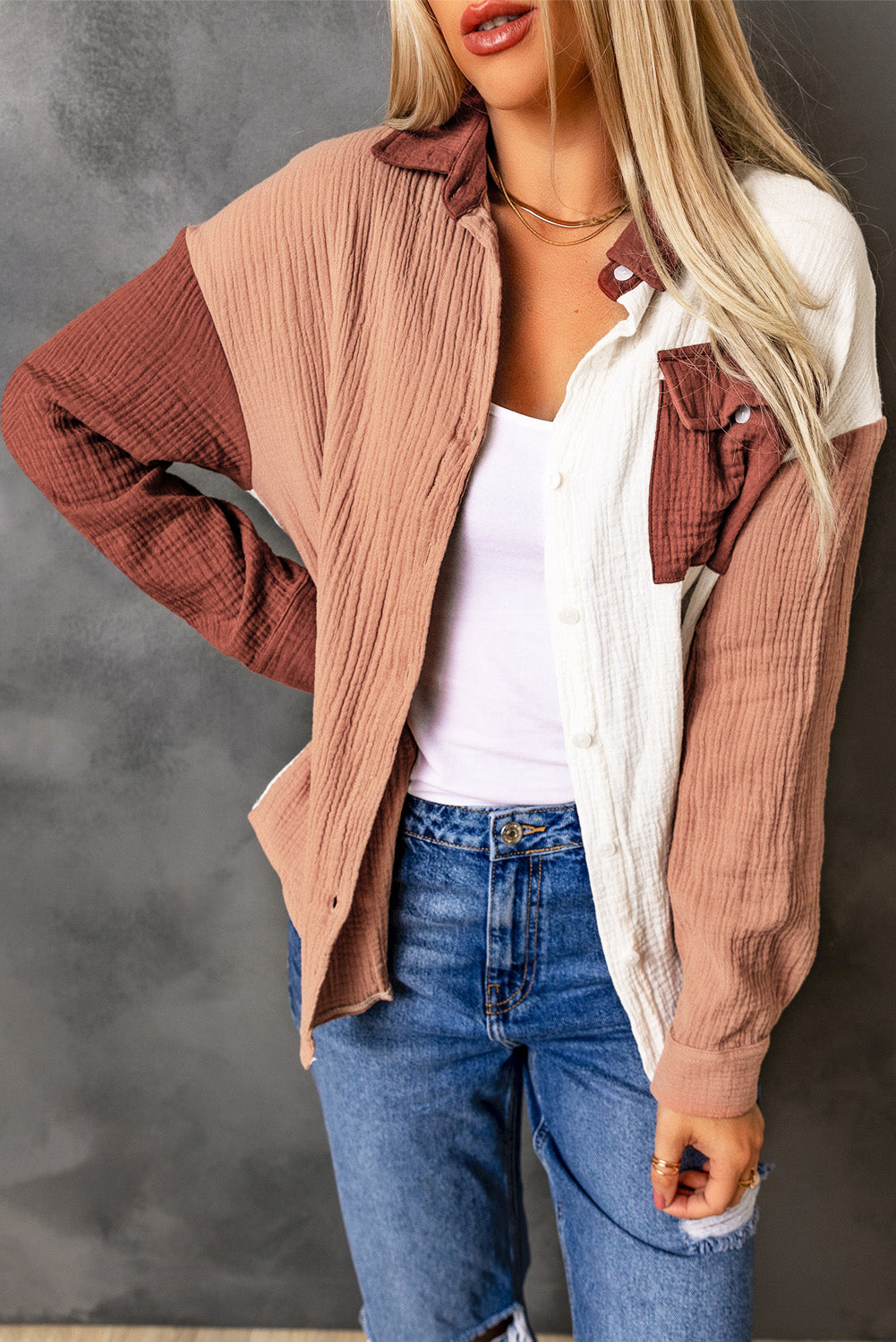 Brown Color Block Pockets Textured Long Sleeve Shacket - The Fair Lady Shop