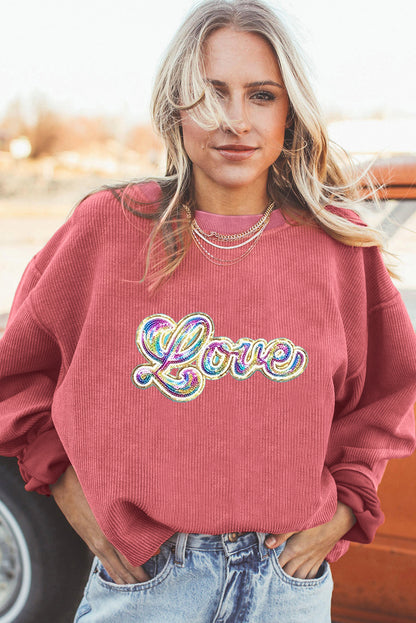 Strawberry Pink Sequin Love Graphic Corded Valentines Sweatshirt - The Fair Lady Shop