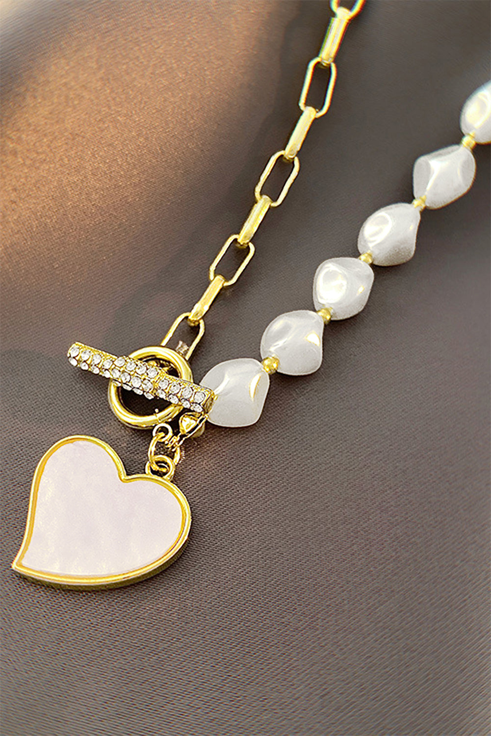 Gold Heart Shape Pendant Rhinestone Pearl Chain Necklace - The Fair Lady Shop