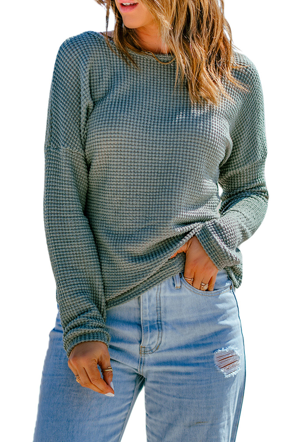 Green Waffle Knit Drop Shoulder Long Sleeve Top - The Fair Lady Shop