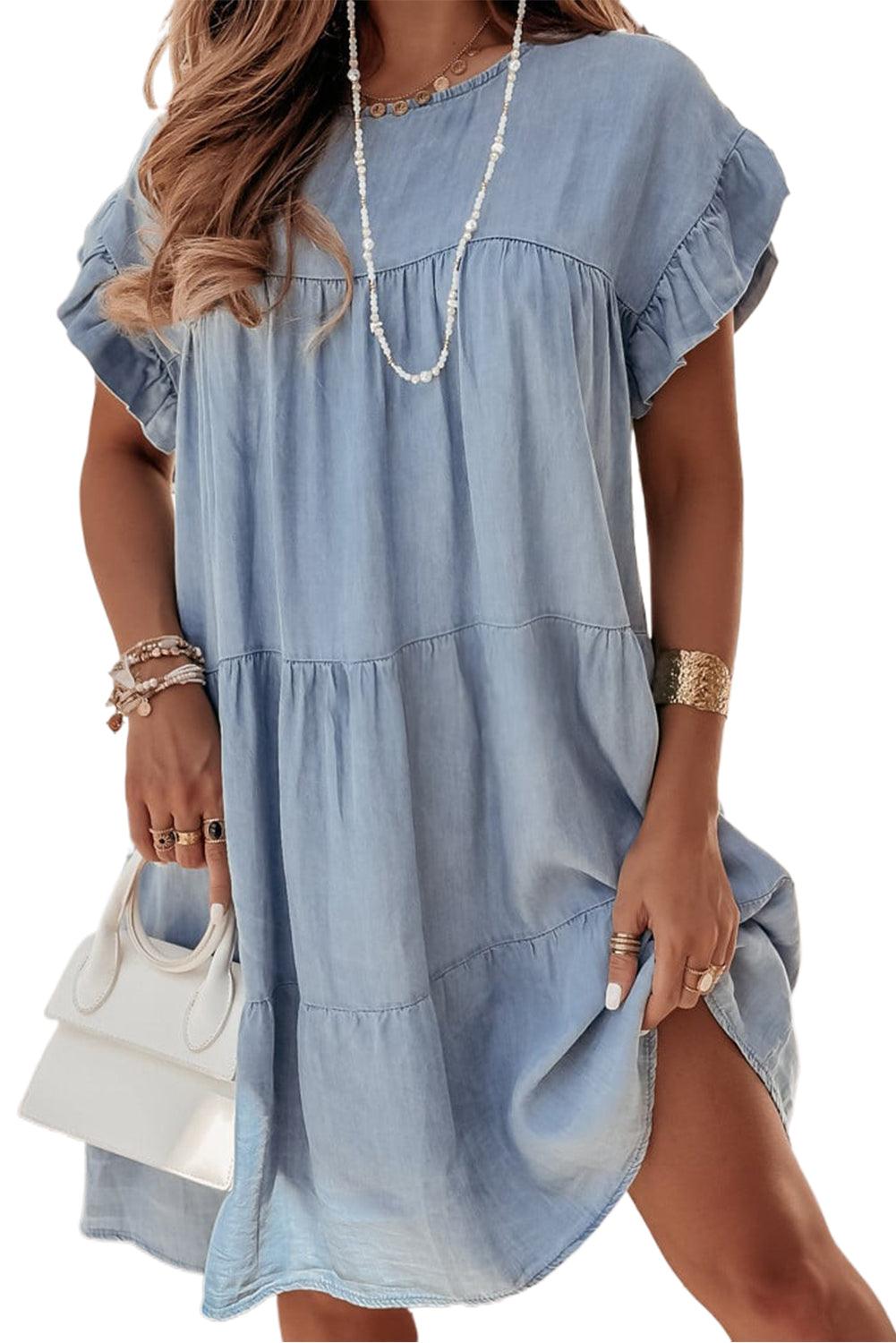 Beau Blue Ruffle Short Sleeve Tiered A-line Denim Dress - The Fair Lady Shop