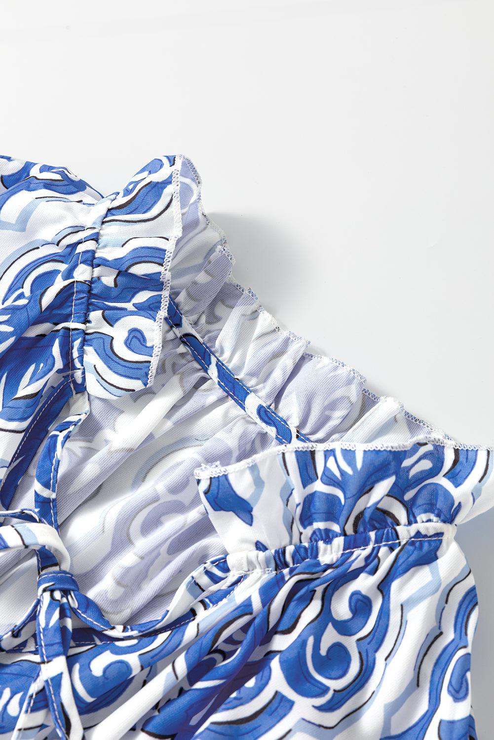 Ashleigh Blue Abstract Print Smocked Waist Tiered Mini Dress - The Fair Lady Shop