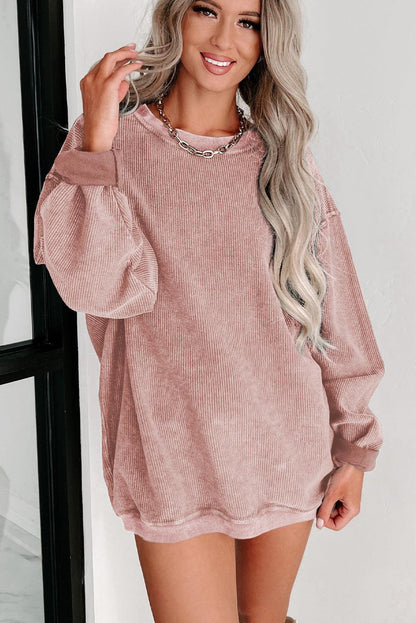 Khaki Solid Ribbed Round Neck Pullover Sweatshirt - The Fair Lady Shop