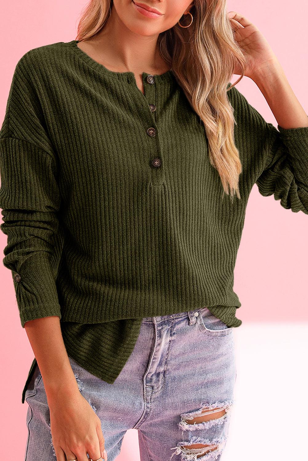 Rose Drop Shoulder Ribbed Knit Long Sleeve Henley Top - The Fair Lady Shop