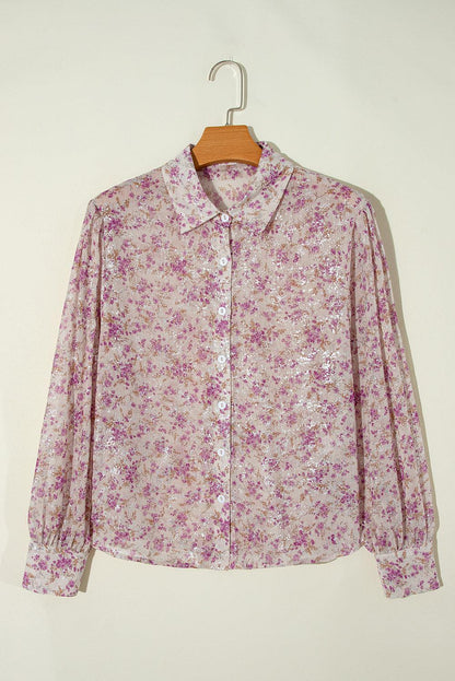 Pink Ditsy Floral Print Bishop Sleeve Collared V Neck Shirt - The Fair Lady Shop