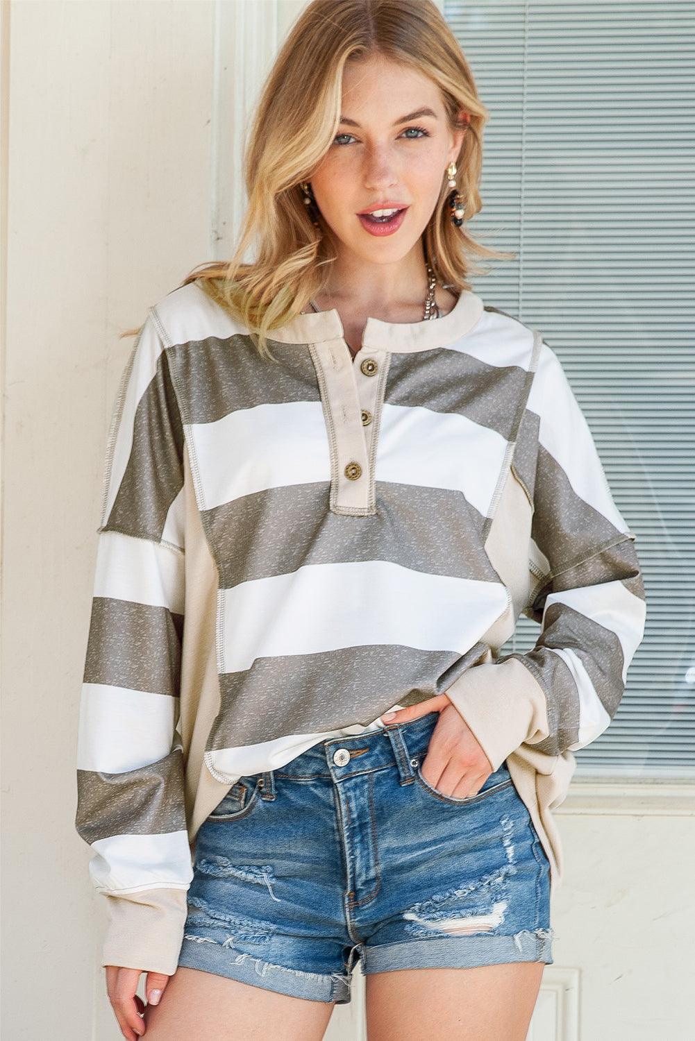 Multicolor Stripes Print Exposed Seam Long Sleeve Henley Shirt - The Fair Lady Shop