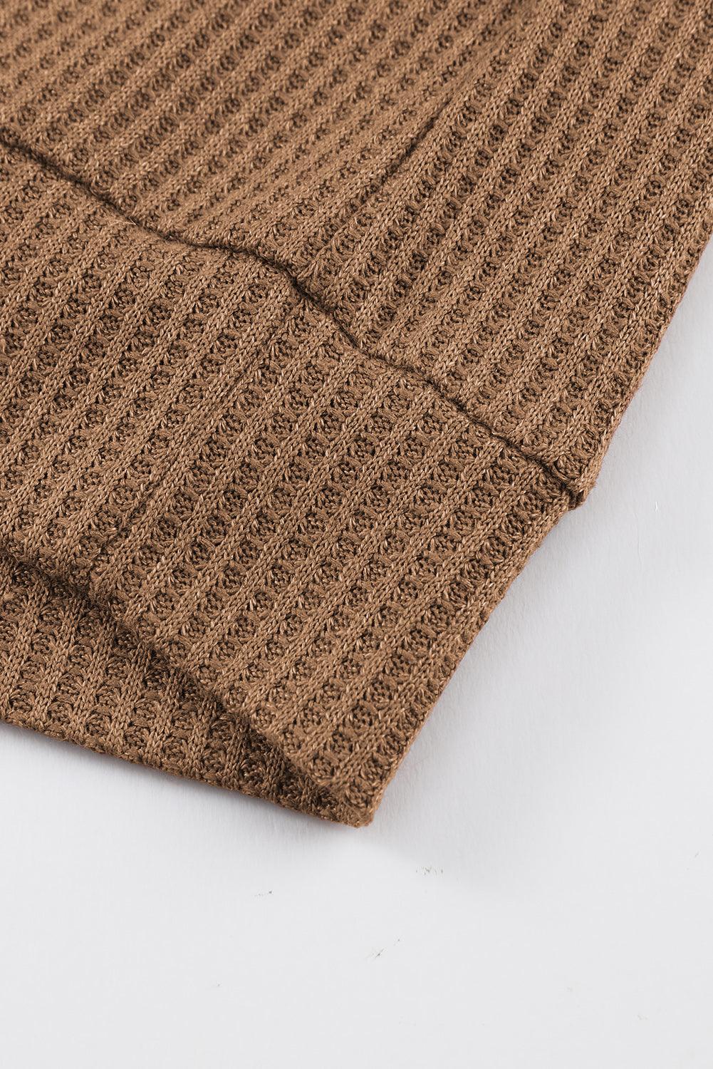 Brown Leopard Print Color Block Waffle Knit V Neck Long Sleeve Top - The Fair Lady Shop