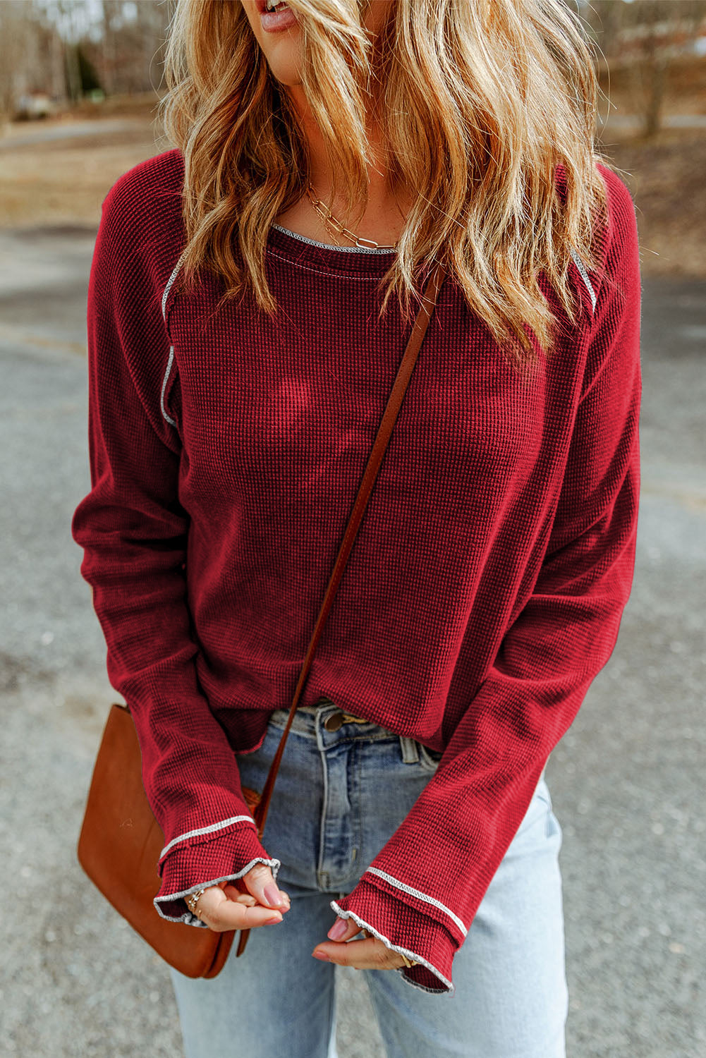 Red Exposed Seam Textured Pullover Long Sleeve Top - The Fair Lady Shop